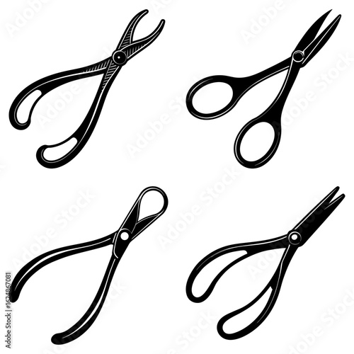 Four illustrations of black and white surgical instruments including forceps and scissors arranged on white