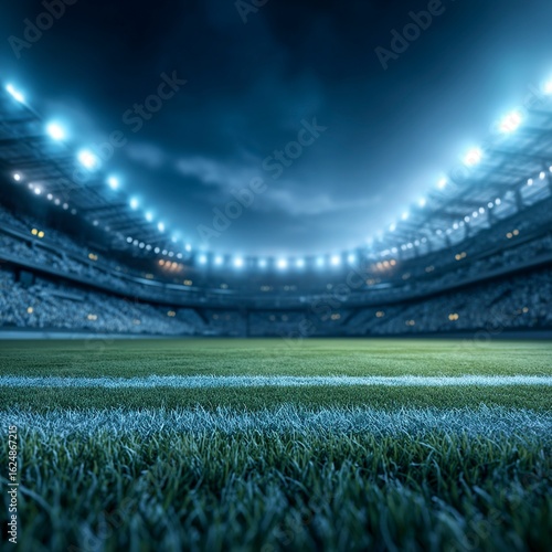 3D illustration of an empty professional soccer stadium with a blue sky and lights, and a grass field. The background is a blurred crowd in the stands. The scene should convey intense .