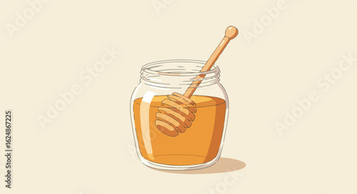Honey jar with dipper in simple style against beige background, for food illustration