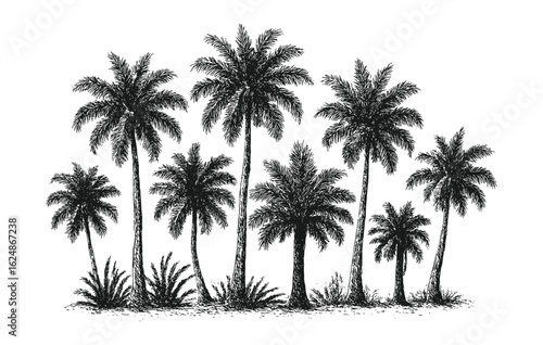 Artistic black and white palm trees in vintage tropical style, lined in a row.