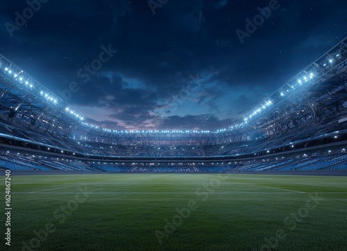 3D illustration of an empty soccer stadium with green grass and blue sky, front view, nighttime, lights on the stands. 