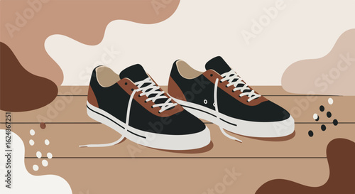 Shoes standing on wooden floor with abstract shapes in background for sale or poster