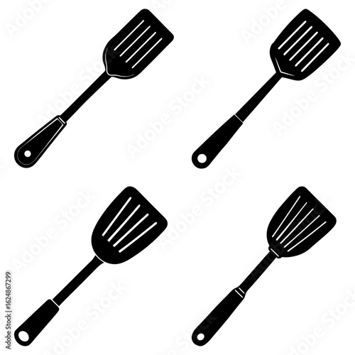 Four black spatulas with slotted heads arranged in a square pattern on a white background image art