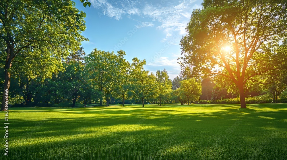 Obraz premium Vibrant green lawn and trees natural landscape in summer