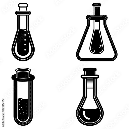Four black and white science beakers and flasks used in laboratory experiments and chemical research work