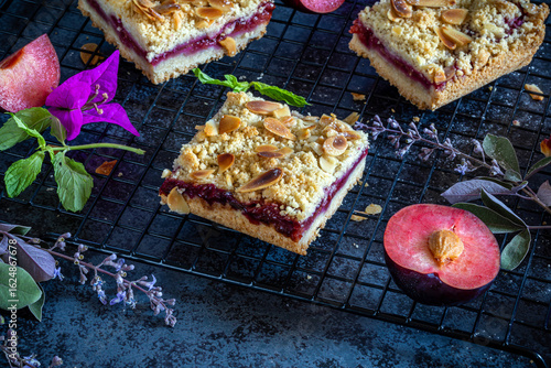 Plum pie with almond shortcrust pastry.