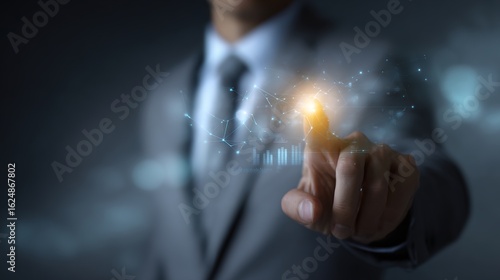 Visionary Touch: A man's finger, illuminated by a golden spark, symbolizes innovation and progress, a touchstone of forward-thinking technology and a symbol of digital transformation. 