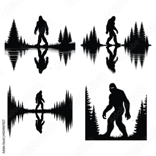 Four bigfoot silhouettes walking through dark forests with reflections in water silhouette