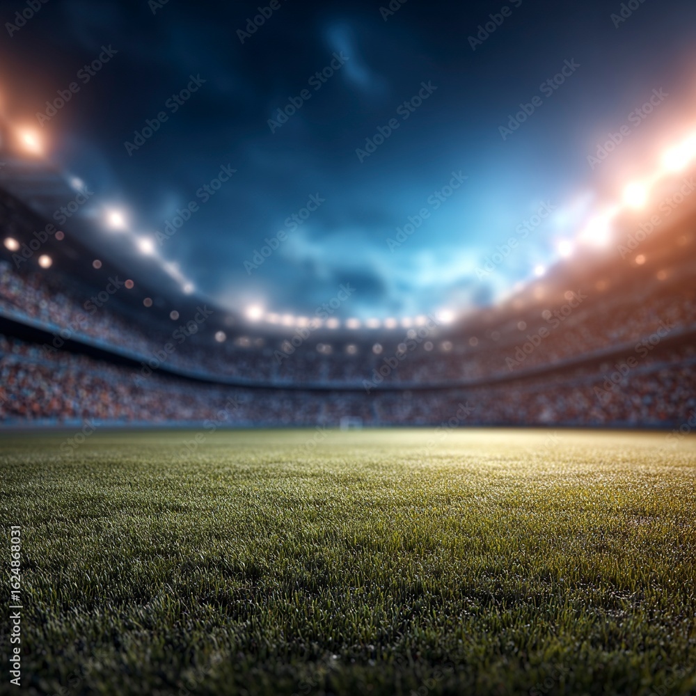 Fototapeta premium 3D illustration of an empty professional soccer stadium with a blue sky and lights, and a grass field. The background is a blurred crowd in the stands. The scene should convey intense .