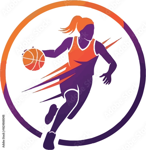 Energetic silhouette of a female basketball player dribbling, a dynamic vector logo icon for a women's sports team or league.