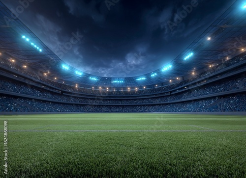 3D illustration of an empty soccer stadium with green grass and blue sky, front view, nighttime, lights on the stands. 