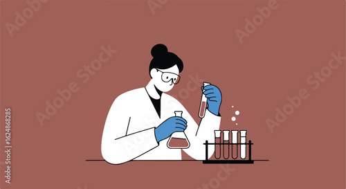 Lab worker mixes liquid in lab; chemical tubes in rack used for medical research