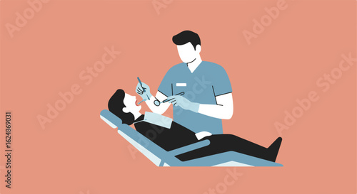 Dentist Examines Patient in Clinic on Coral Background for Medical Brochure