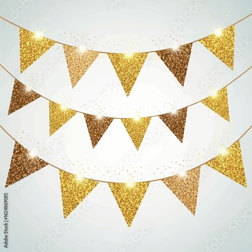 A festive vector illustration of sparkling gold and bronze glitter bunting flags, a decorative garland with lights for celebrations and parties.