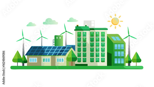 Eco-Friendly Building SVG: Solar Glass & Wind Turbine Vector Icon