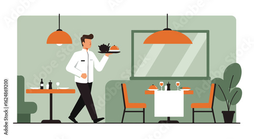 Waiter serving food in a fancy restaurant dining room setting illustration