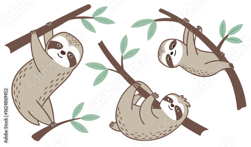 Cute sloth stickers set. Collection of graphic elements for website. Charming lazy animal on branch. Forest tropical mammal with tree. Cartoon flat vector illustrations isolated on white background