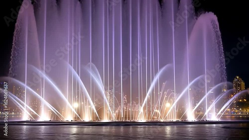 Illuminated water fountain display at night with vibrant blue lights and dynamic jets, creating mesmerizing spectacle against city skyline.