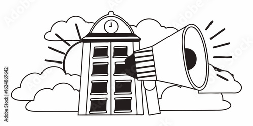 Illustration of a building with a clock, clouds, and a megaphone in black and white outline style