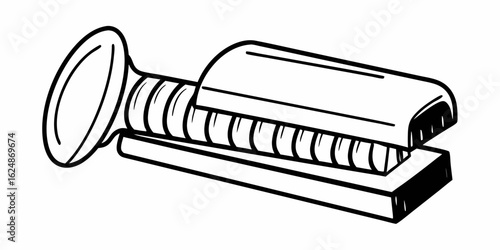 Illustration of a vintage ear trumpet hearing aid device in black and white line art style design