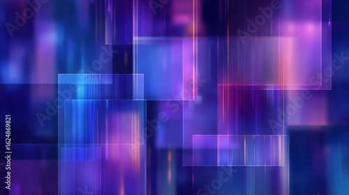 Abstract glassmorphism design with shifting blue-purple gradients, translucent geometric layers, digital data flow for futuristic wallpapers and tech presentations
