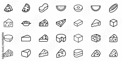 Collection of various cheese types and shapes including wedges blocks and rounds in black outline style