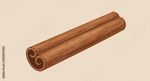 Two cinnamon sticks lying flat against a solid beige background. Decoration use