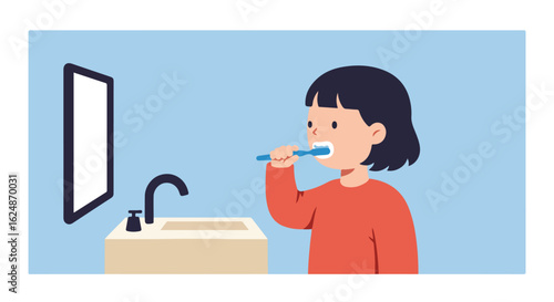 Young person brushes teeth in bathroom, with mirror, sink, good for hygiene