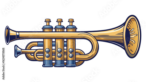 A detailed black and white drawing of a trumpet, showcasing its curves and valves..eps