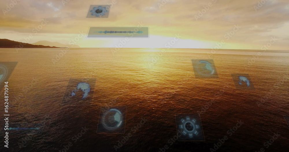 Obraz premium Displaying golden ocean glowing at seaside sunset, with holographic schematics and waveform panel