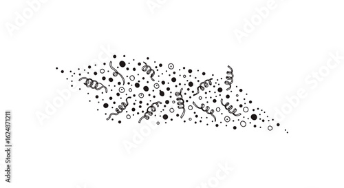 Hand-Drawn Minimalist Confetti and Streamers Burst – Black and White Ink Illustration Featuring Scattered Dots and Curling Lines in a Diagonal Celebration Cloud on White Background