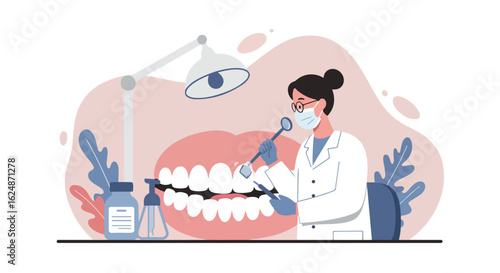 Dental exam in office; a doctor cleans teeth, tools & bottle are in the foreground