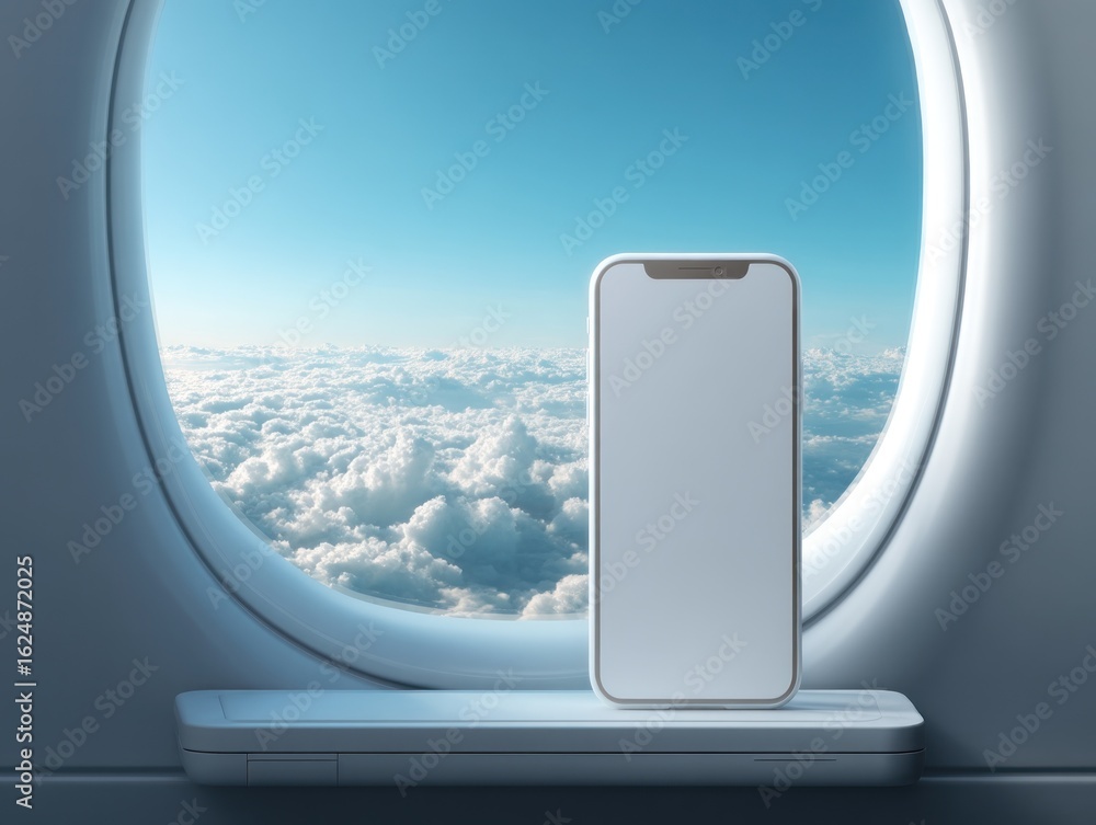 Obraz premium Airplane window view with smartphone cloudy sky