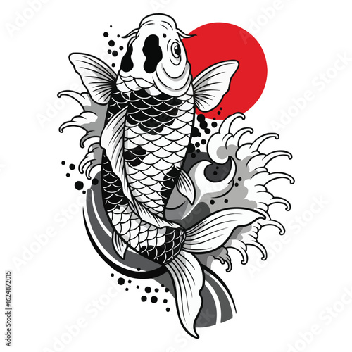 Koi Fish with Red Sun and Waves