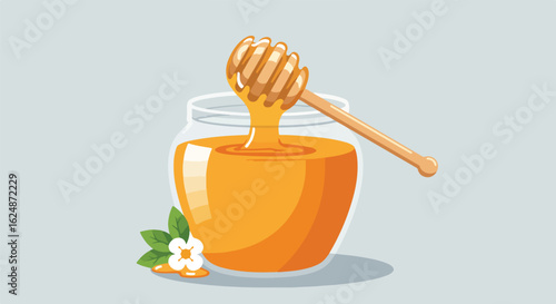Honey pouring from dipper in jar, with flower decoration on plain background
