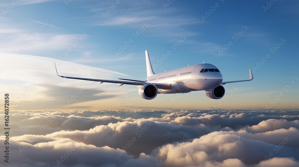 Obraz premium Commercial airplane flying above fluffy white clouds in bright blue sky