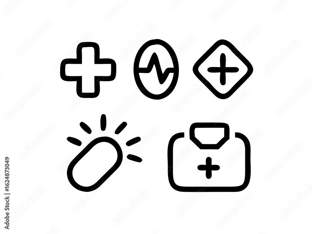 Obraz premium Simple graphic depicting healthcare and medicine concepts. This clean, vector graphic displays various healthcare and pharmaceutical icons: plus signs representing medical care, pills, and a capsule.