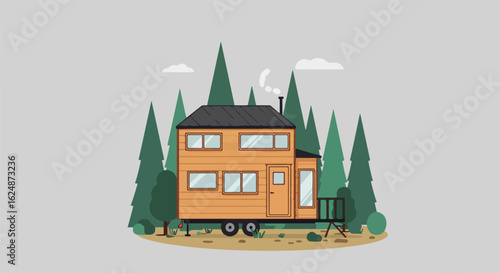Illustrated tiny home in wooded area with smoke coming from chimney for eco-living