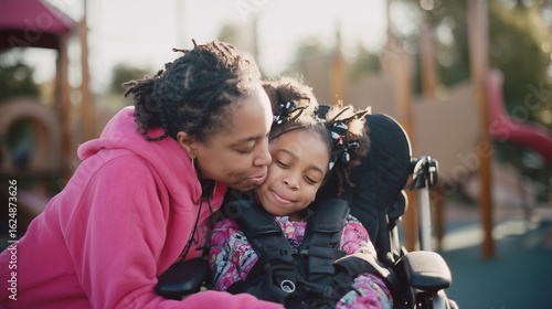 Happy candid mixed race mother and disabled child in a wheelchair spending time together in a park playground. Supportive inclusive family with handicapped children. Inclusion & diversity	