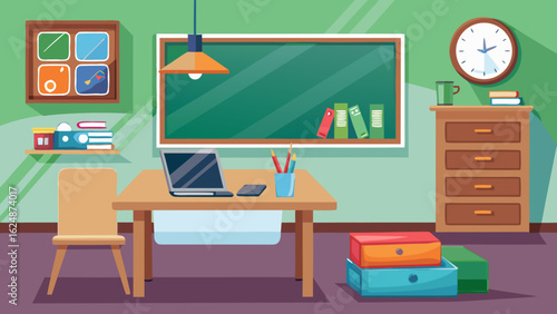 Vector art of an empty classroom ready for students, with a desk, laptop, chair, window, bookshelf, and clocks, symbolizing the start of a new academic session
