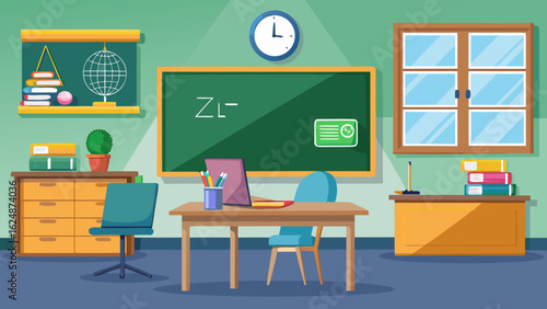 Vector art of a modern classroom setting with desks, chairs, a chalkboard, and windows, representing a space for learning and education