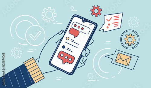 Hand holding smartphone with dark mode settings screen, surrounded by chat icons and abstract elements on light blue background. Concept of technology and communication. Vector illustration