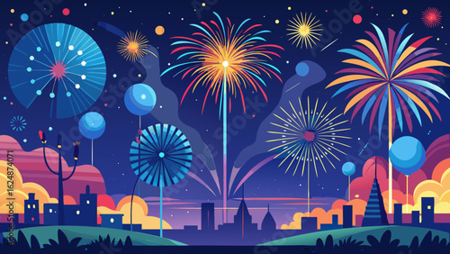 Vector art of vibrant fireworks illuminate the night sky above a silhouetted cityscape, creating a festive and celebratory atmosphere for a holiday event