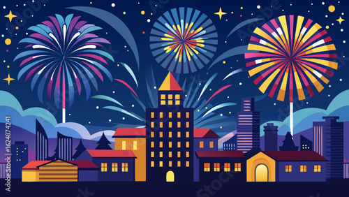 Vector art of a spectacular fireworks display lights up the night sky over a city skyline, featuring colorful explosions and festive illumination for a celebration