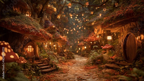 Fantasy elf village nestled in an autumn forest, mushroom houses with falling leaves, glowing lanterns and mystical ambience