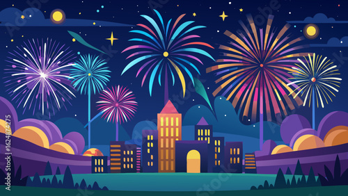 Vector art of colorful fireworks explode in the night sky over a city skyline, creating a festive and celebratory atmosphere with vibrant lights and urban architecture