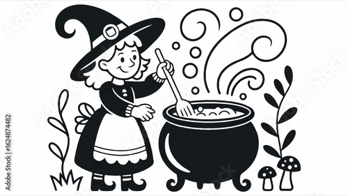 Mysterious witch brewing potion in a steaming cauldron black and white illustration