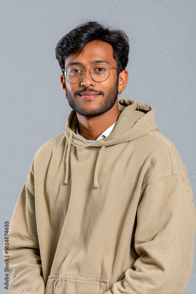 Obraz premium Half Body Portrait Of South Asian 20 Year Old University Male Student Wearing Casual Hoodie Against Plain Color Background