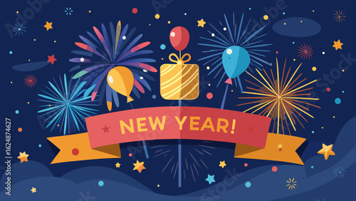 Vector art of happy new year greeting with vibrant fireworks, balloons, and a gift box illuminating the night sky, symbolizing joy and celebration