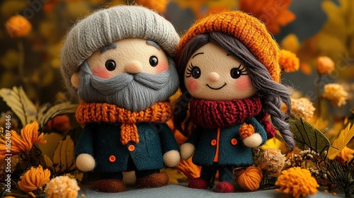 Handmade Wool Felt Dolls: Autumn - Themed Warm Couple Figures, Creative Decorative Ornaments